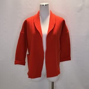 Eileen Fisher Coatigan Womens L Red 100% Wool Open Front 3/4 Sleeve Pockets